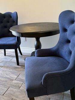 Black Round Table W/ 2 Blue Chairs