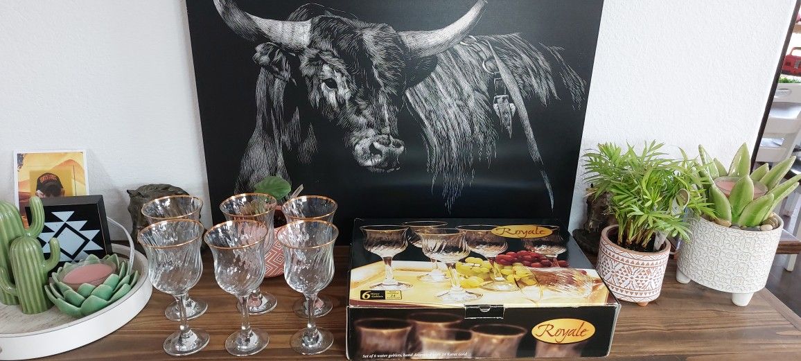 Set Of 6 Royale 24k Gold Rim Water Goblets / Wine Glasses