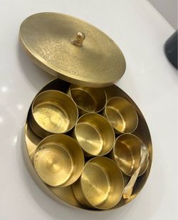 Brass 7 Containers with Lid & Spoon Traditional Indian Masala Box For Spices, Herbs & Condiments