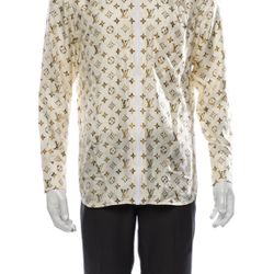 Louis Vuitton Cream Monogram Silk Zip -Up Long Sleeve Shirt