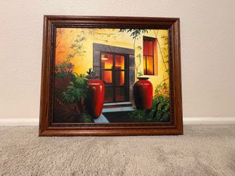 Original Art Garden Landscape Painting Red Planters Monstera Spanish Mediterranean