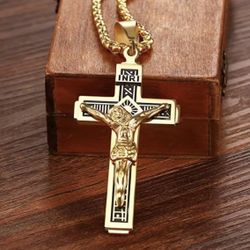 Vintage Jesus Cross Pendant Men and Women Amulet Necklace Catholic Christian Religious Prayer Jewelry Gift