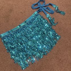 New one size blue sequin fringe wrap festival rave edc mini skirt dancer short