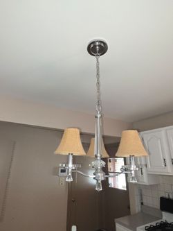 3-Light Chrome and Crystal Chandelier with Burlap Shades