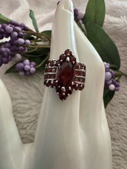 Vintage Sterling & Large Garnet Art Deco Ring, Signed, size 6