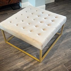 Brand New Taupe Tufted Velvet Ottoman with Gold Metal Base 