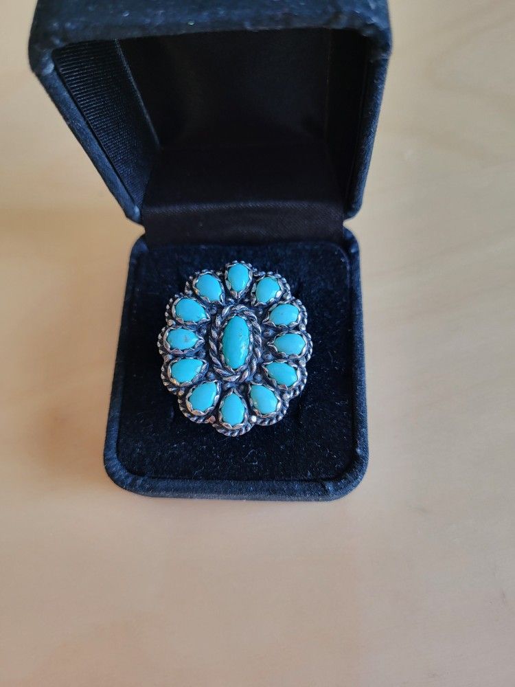 GENUINE TURQUOISE STERLING SILVER RING, SIZE 7 - 7.5