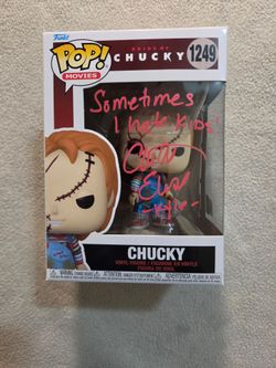 Funko Pop! Chucky #1249 (Autographed by Christine Elise) "Sometimes I hate KIDS! -Kyle-" in red  [with soft protector]