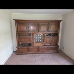 Antique Wooden China Cabinet With Fold Out Display Shelf