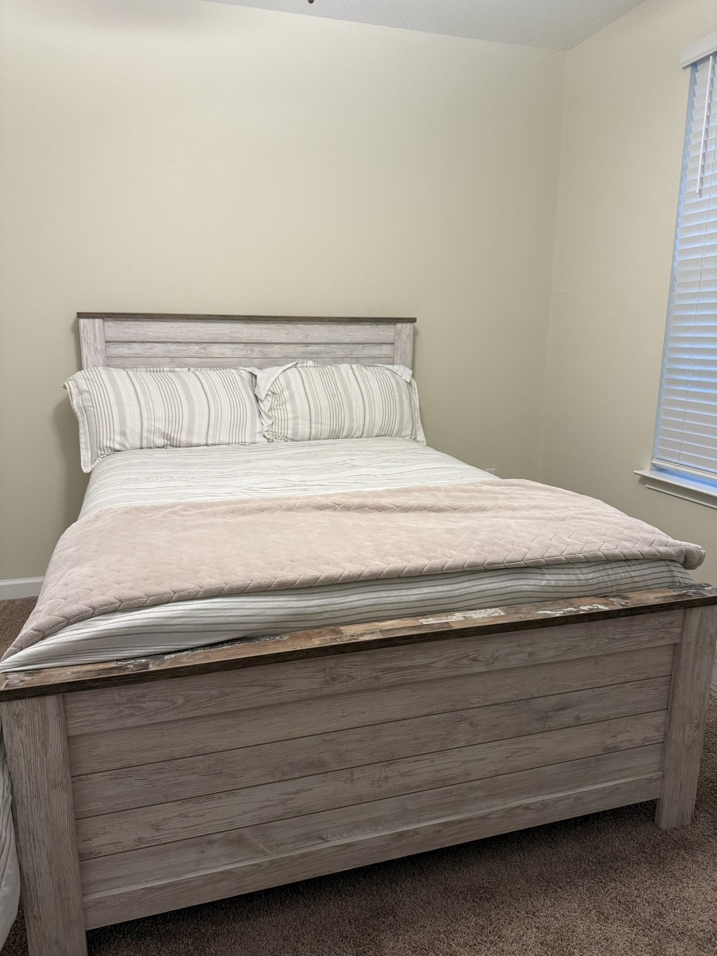 Washed White Queen Bed Frame + Box Spring (mattress Not Included)