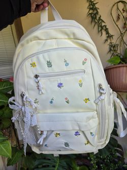 Cream Floral Embroidered Canvas Backpack