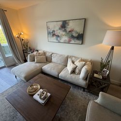 Macy’s L-Shape Sectional Sofa with Chaise – Cream Linen-Look, Black Legs