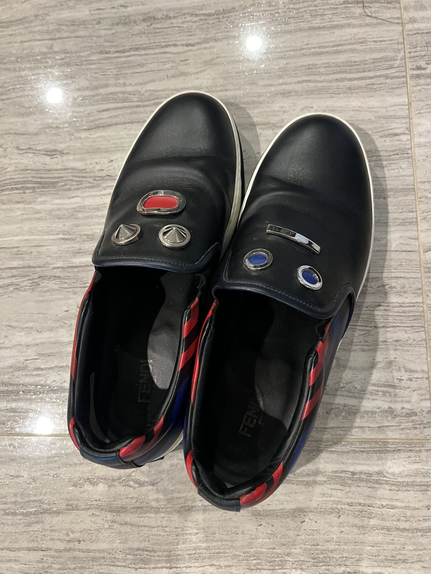 FENDI Men's Slip on Sneakers E Red Blue Black Leather Shoes