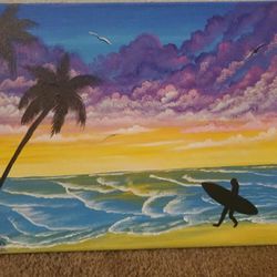 13x17 Inch Canvas Tropical Coastal Surf Girl Sunset Painting 