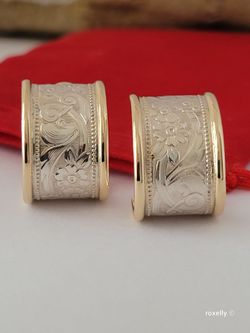 ⛔️ RESERVED ⛔️ 925 Sterling Silver and 14k Yellow Gold Floral Design Hoop Earrings / Aretes de plata Esterlina y Oro Sólido! 👌🎁