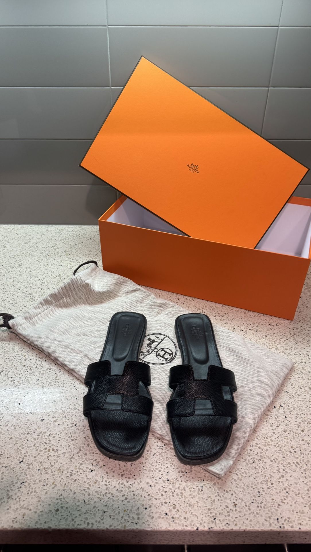 Hermès Oran Sandals in Black Epsom Leather