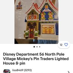 Brand New Disney Department 56 North Pole Village Mickey’s Pin Traders Lighted House & Pin. 