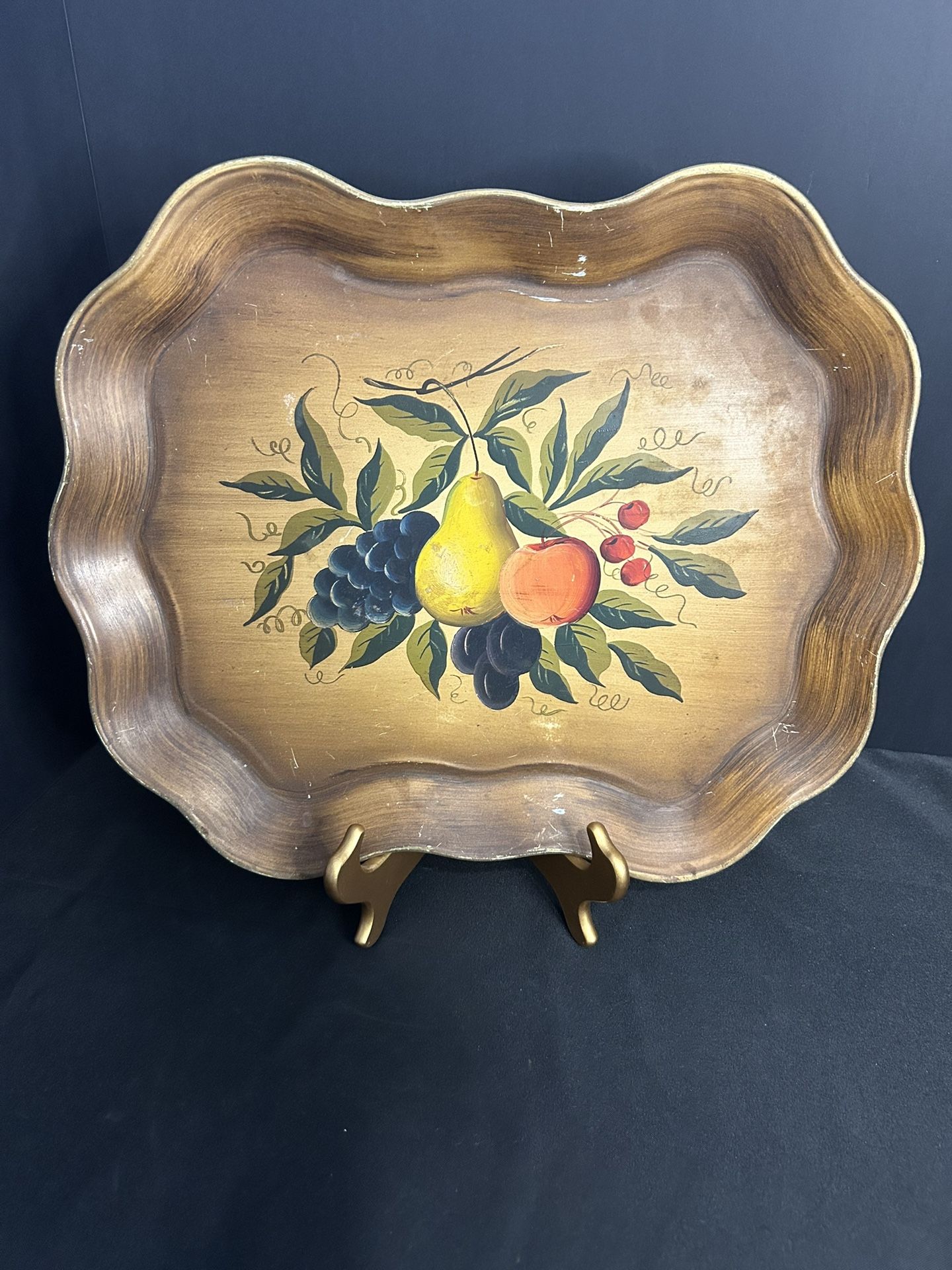Vintage French Country Large Hand Painted Fruit Metal Serving Tray