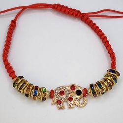 Red Color Bracelet Hand-woven With Elephan Charm Multicolor 