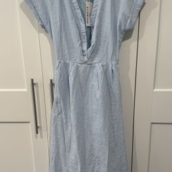 NWT Blue Cotton V-Neck Midi Dress with Pockets, size Small