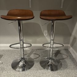 Modern Adjustable Wood & Chrome Bar Stools (Set of 2)