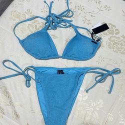 Kendall & Kylie Blue Sparkly Triangle Cup Side Tie Bikini Set Size L