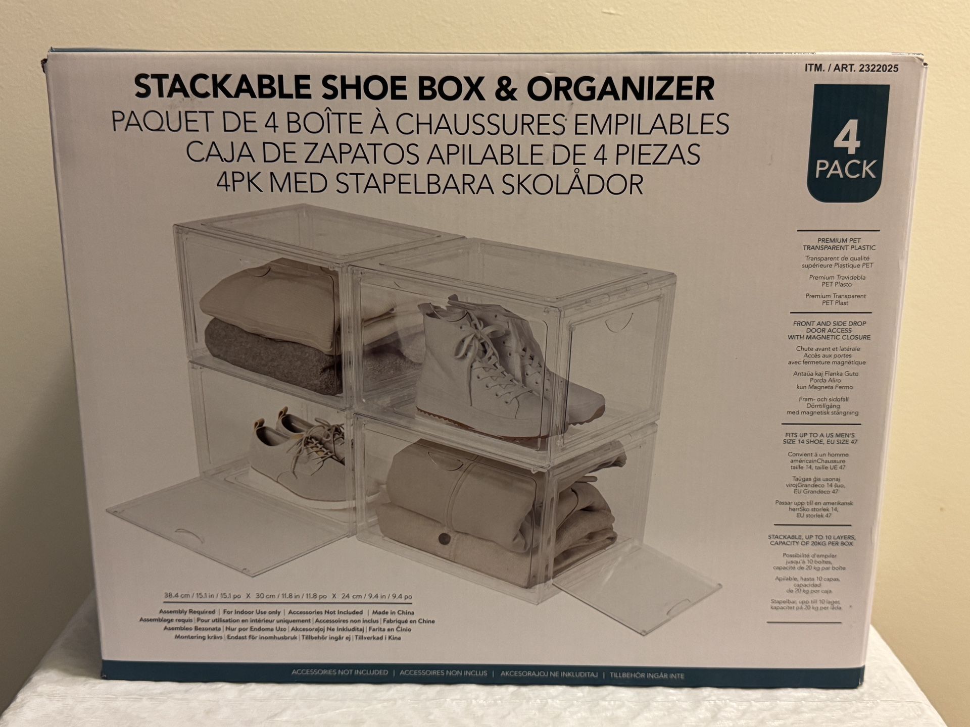 4 Pack - Stackable Shoe Box Storage And Organizer