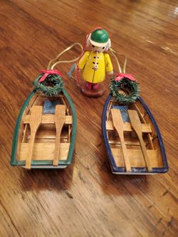 Vintage Wood Christmas Tree Ornaments: Row Boats, Fisherman 