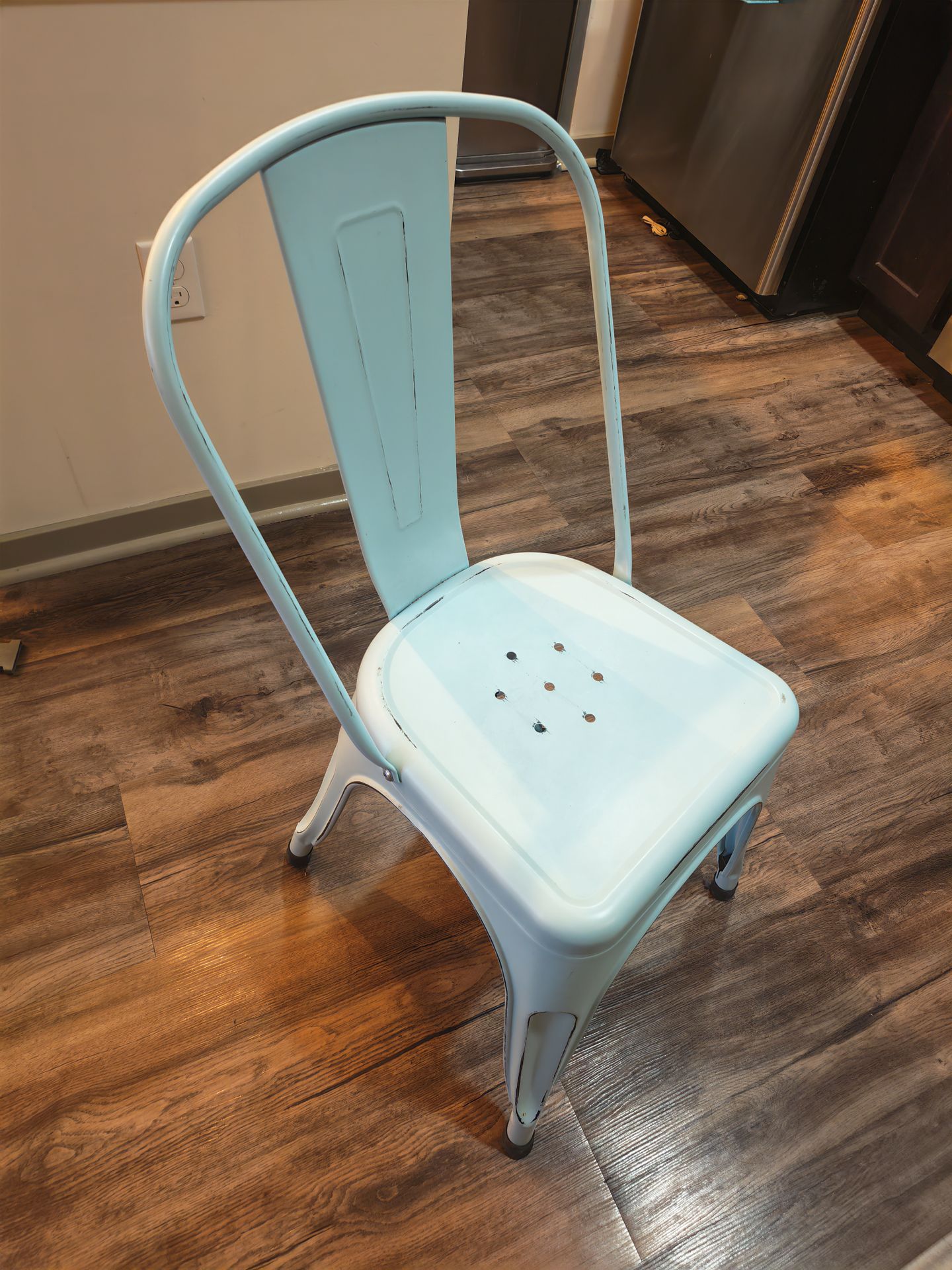 Set of 4 Industrial Metal Dining Chairs – Stackable – Mint Blue