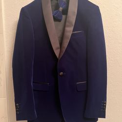 Men’s Blue Velvet Jacket, Satin Pants, Velvet Shoes