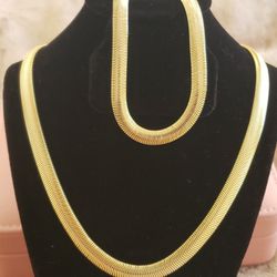 18k Gold Plated Necklace 50cm And Bracelet 8in Long And 6mm Flat Snake Chain Set