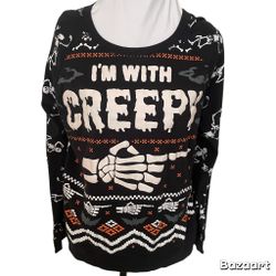 Halloween Black Skeleton “I’m With Creepy” Graphic Design Pullover Sweatshirt XL