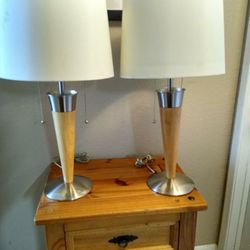BEAUTIFUL VINTAGE 2PC. WOODEN/STAINLESS DOUBLE BULB LAMPS. EXCELLENT CONDITION! BOTH FOR $60!