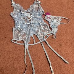 New Xs blue lace bodysuit panty Lingere set Teddy garter belt tank camie