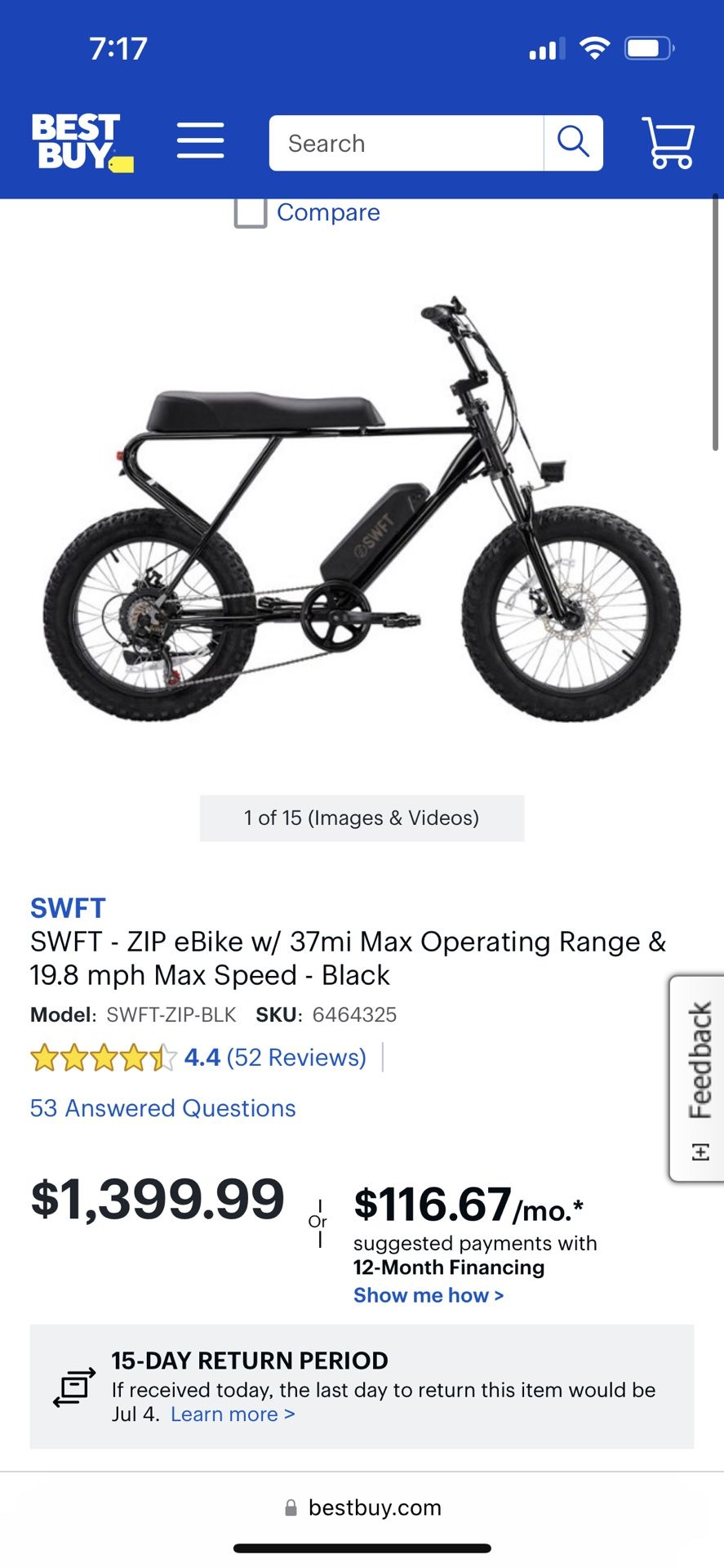 SWFT - ZIP eBike w/ 37mi Max Operating Range & 19.8 mph Max Speed - Black