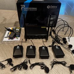 Debra Audio Pro UHF 4 Channel Wireless Microphone System with Cordless Handheld Lavalier Headset Mics, Metal Receiver, Ideal for Karaoke Church Party 