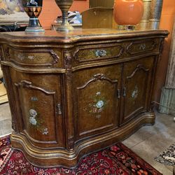 Beautiful Hand-Painted Flowers, Gold Lots Of Storage Buffet Cabinet 58 Wide 34 1/2 Tall 19 D