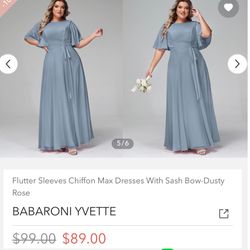 Babaroni Flutter Sleeves Chiffon Max Dresses With Sash Bow- Dusty Blue