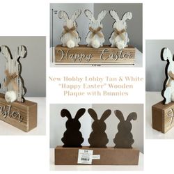 New Hobby Lobby Tan & White “Happy Easter” Wooden Plaque with Bunnies 