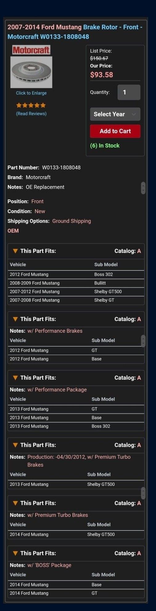 Mustang. 2 Front Roters And Front Brake Pad Set.