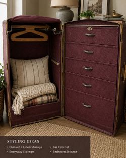 Vintage Steamer Trunk Cocktail Bar Cabinet / Wardrobe Trunk