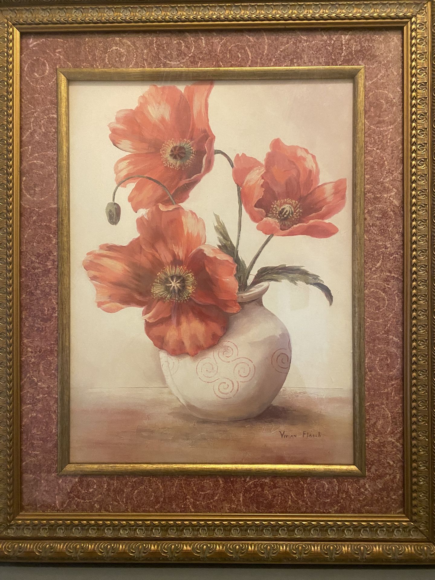 A framed art piece identified as "Amanda's Poppies" by the artist Vivian Flasch.