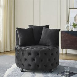 Velvet Accent Barrel Chair with Movable Wheels, Upholstered Swivel Chair with Button Tufted Design & 3 Pillows, Casual Single Sofa Chairs for Bedroom 