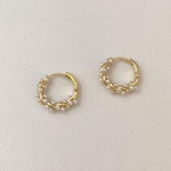18K Gold Plated White Pearl Hoop Earrings for Women