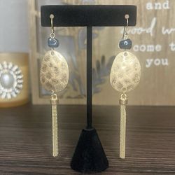 New Chic Boho Gold Hammered Oval Dark Stone Bead Chain Tassel Dangle Earrings