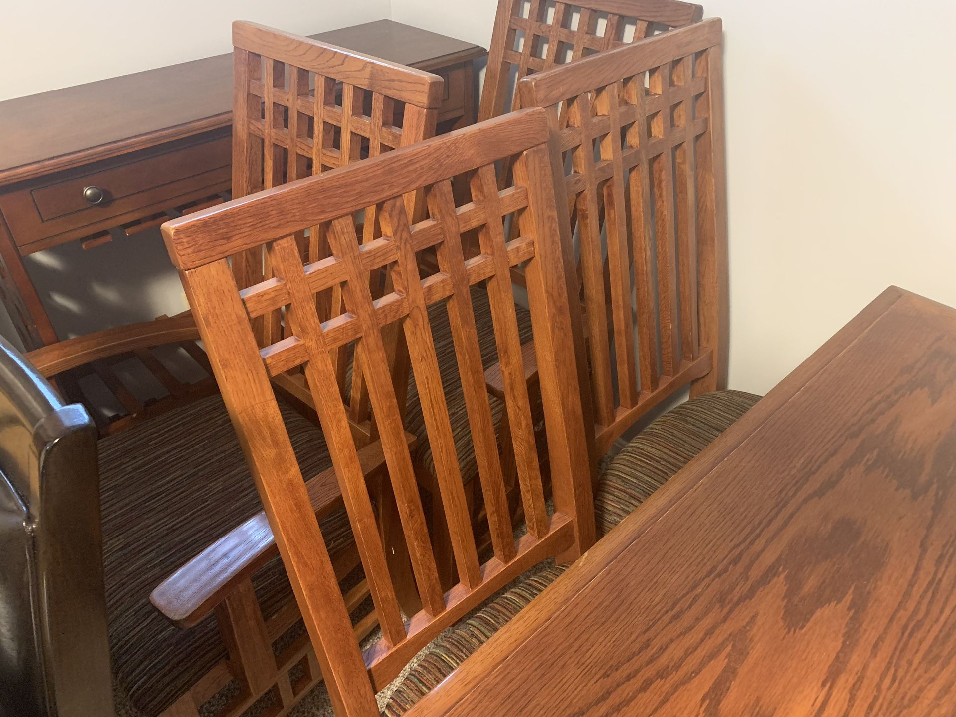 Solid Oak Dining Table with 6 Chairs + Leaf Extension