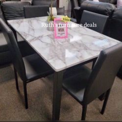 5-pc Dining Table Set White Faux Marble Table Top