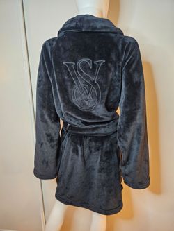 Victoria's Secret Plush Black Womens Short Robe w/ Embroidered VS Logo Size M/L