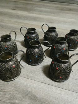 8 Old Filigree Scrollwork Embedded Colored Beaded Jugs/Cups maybe Tibetian all $25 (Read)