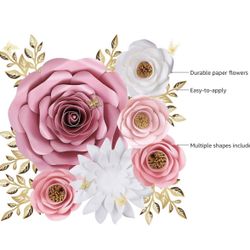 Large Paper Flowers Decorations for Wall, Artificial 3D Flower Wall Decor with Gold Butterfly Sticker for Baby Girl Nursery Room, Pink Roses Spring Ga